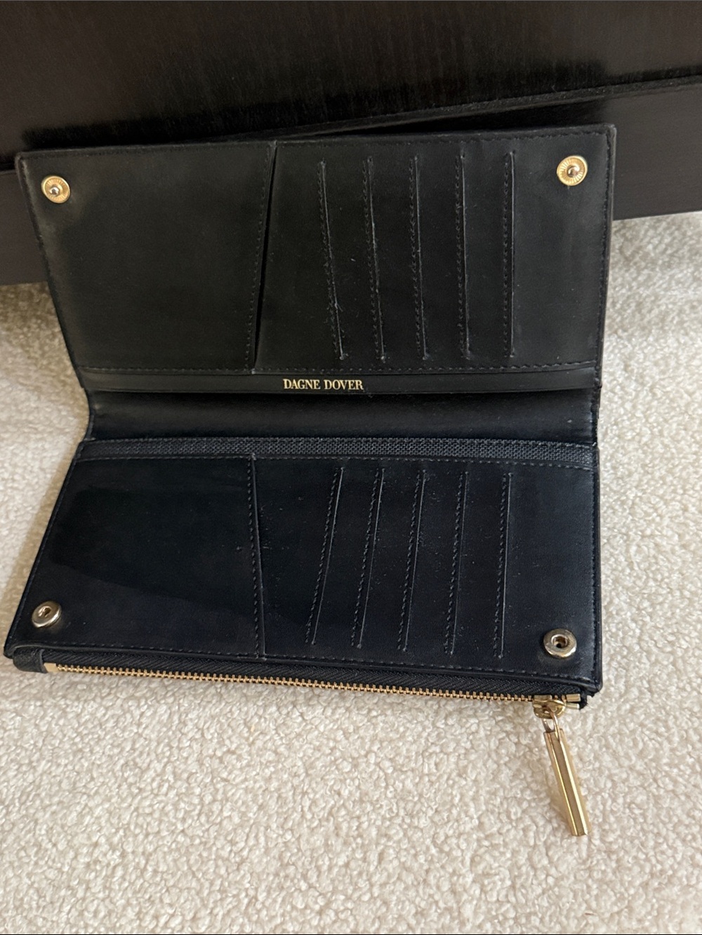 Dagne Dover Slim Black Leather Card Wallet with Gold Hardware